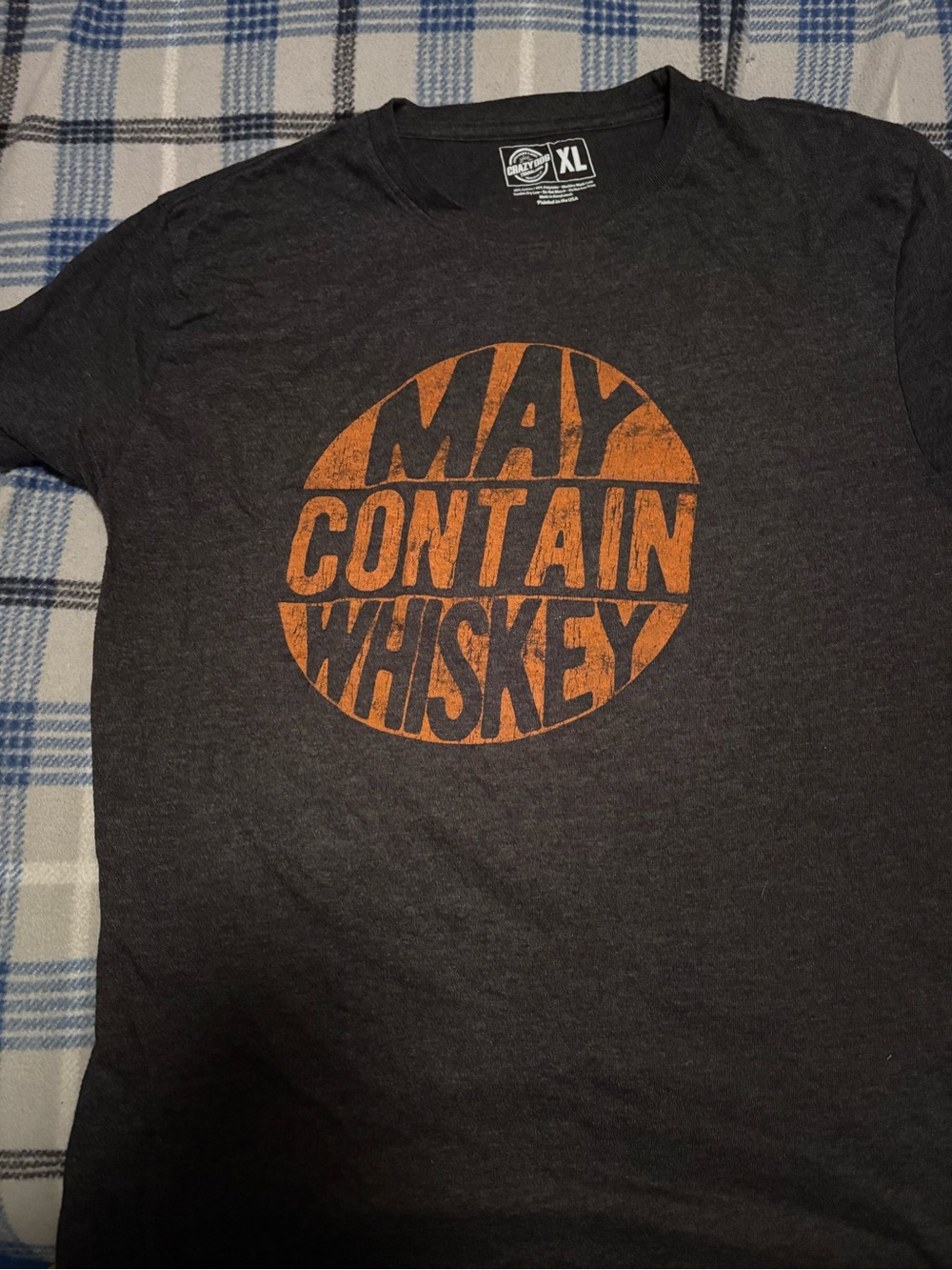 Men's Black Short-Sleeve Graphic Tee with Orange 'May Contain Whiskey' Print